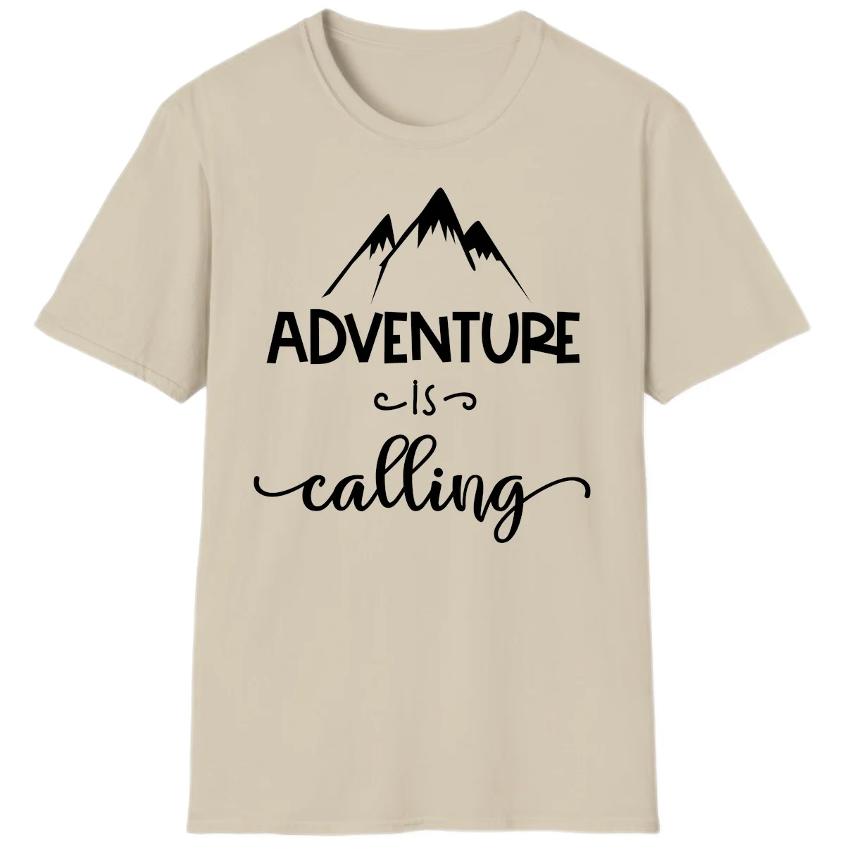 Adventure is calling design with three snow-capped mountain peaks and motivational text on gray background in Sand