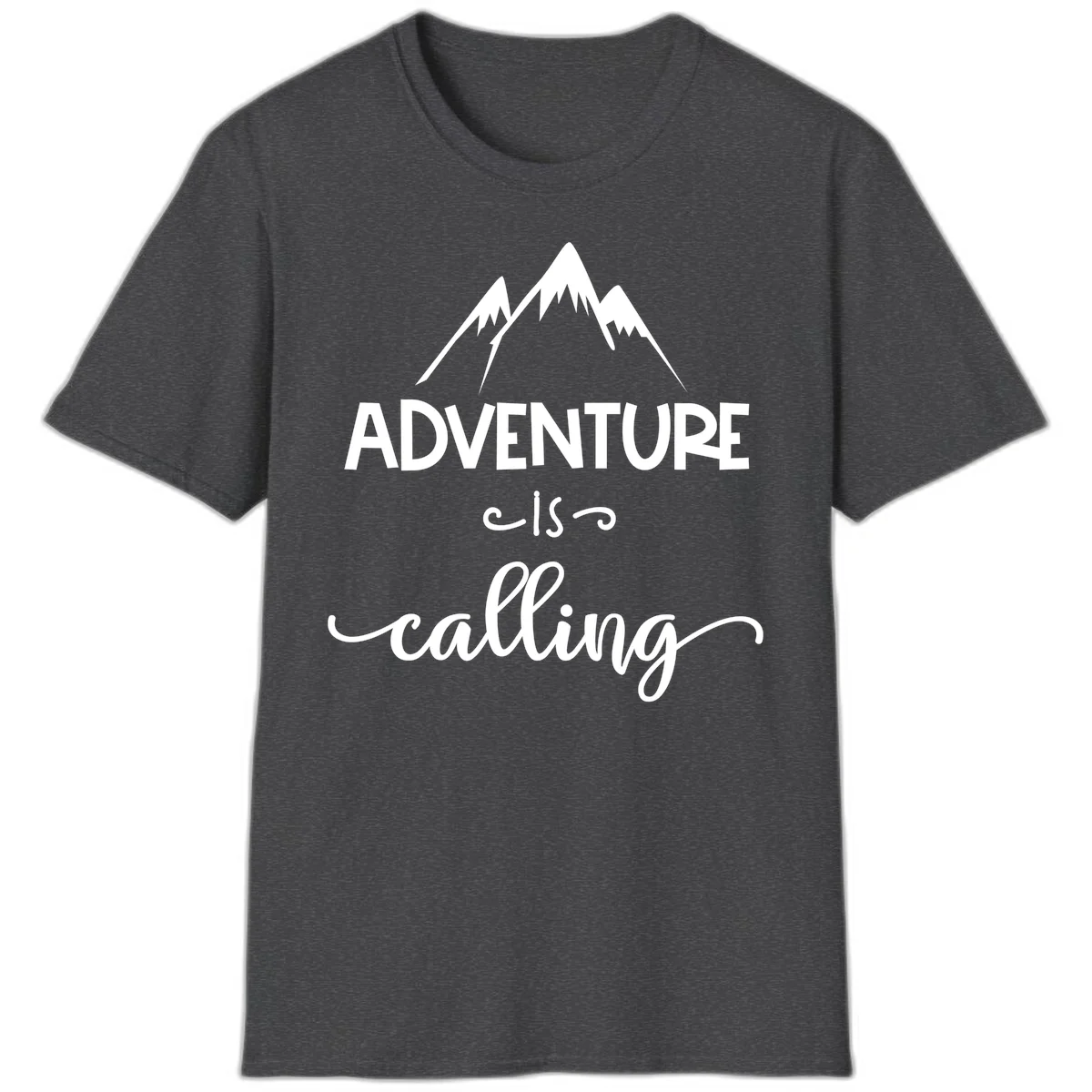 Adventure is calling design with three snow-capped mountain peaks and motivational text on gray background in Dark Heather