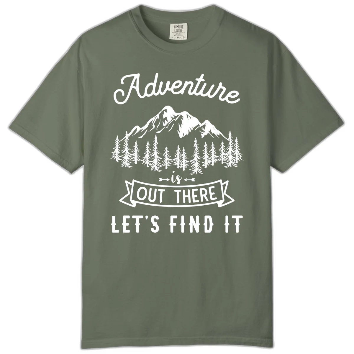 Adventure is out there design with snow mountains, pine forest, and text saying let's find it in Moss