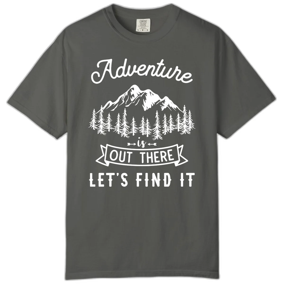 Adventure is out there design with snow mountains, pine forest, and text saying let's find it in Pepper