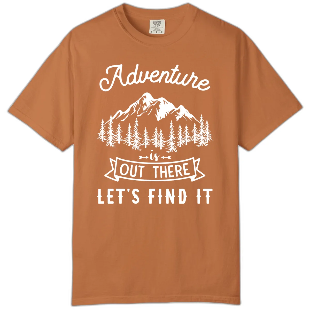 Adventure is out there design with snow mountains, pine forest, and text saying let's find it in Yam