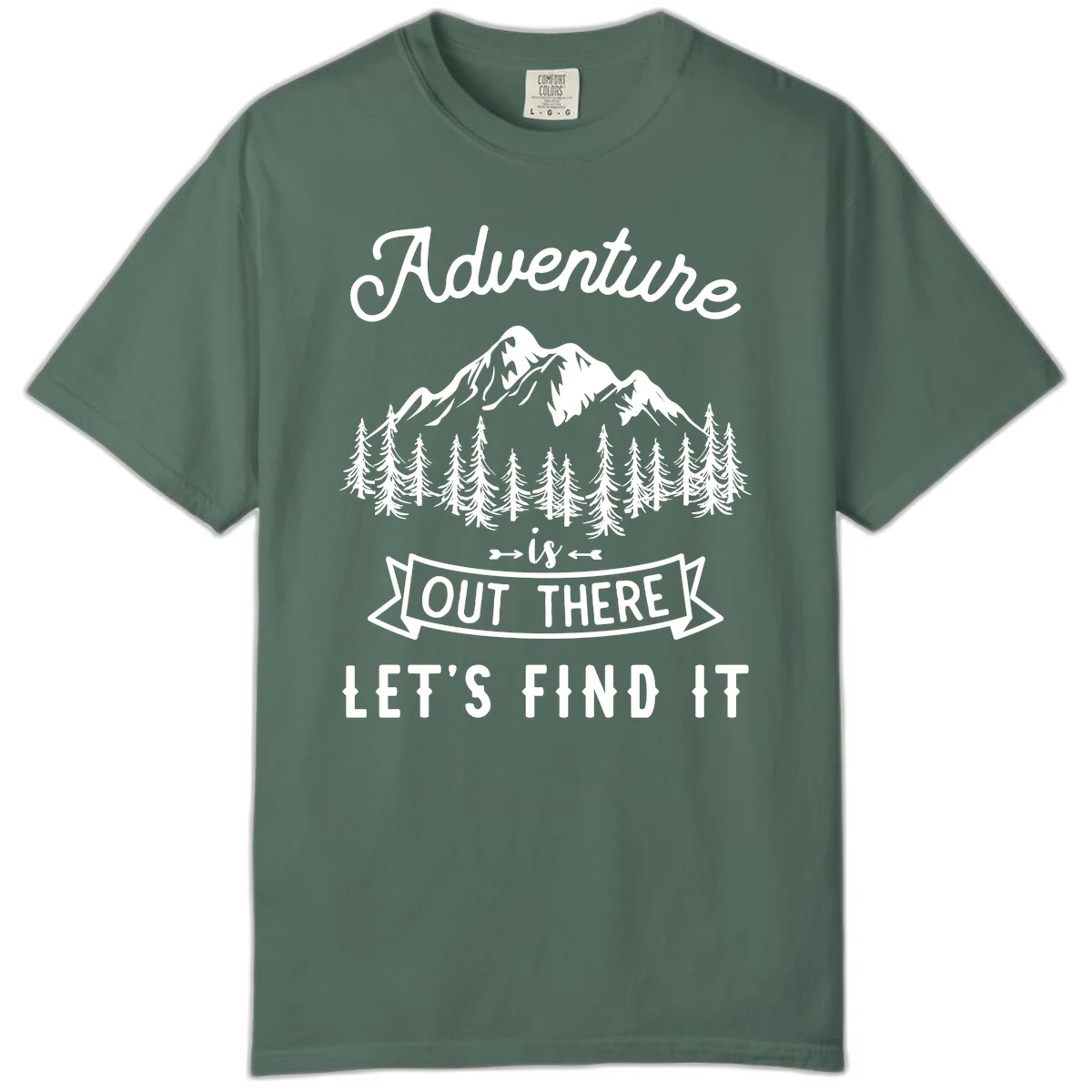 Adventure is out there design with snow mountains, pine forest, and text saying let's find it in Blue Spruce