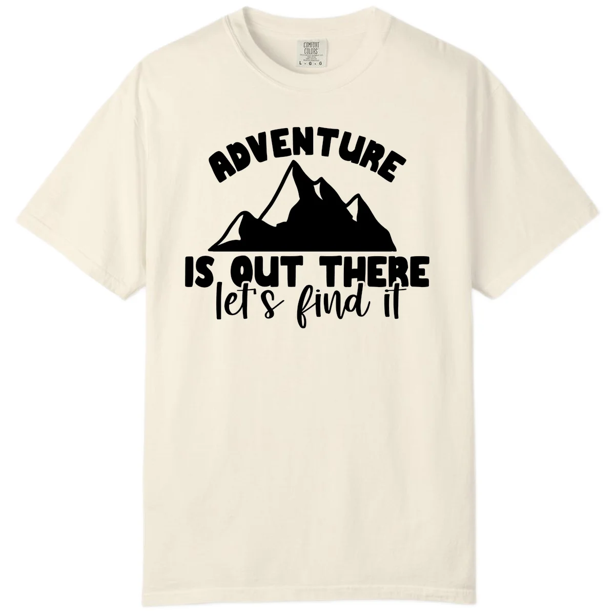 White jagged mountain silhouette with text 'Adventure Is, Out There let's find it' on gray background in Ivory