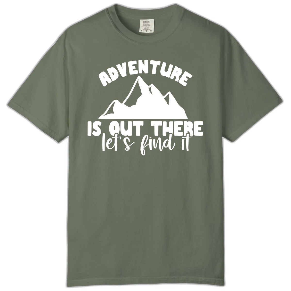 White jagged mountain silhouette with text 'Adventure Is, Out There let's find it' on gray background in Moss