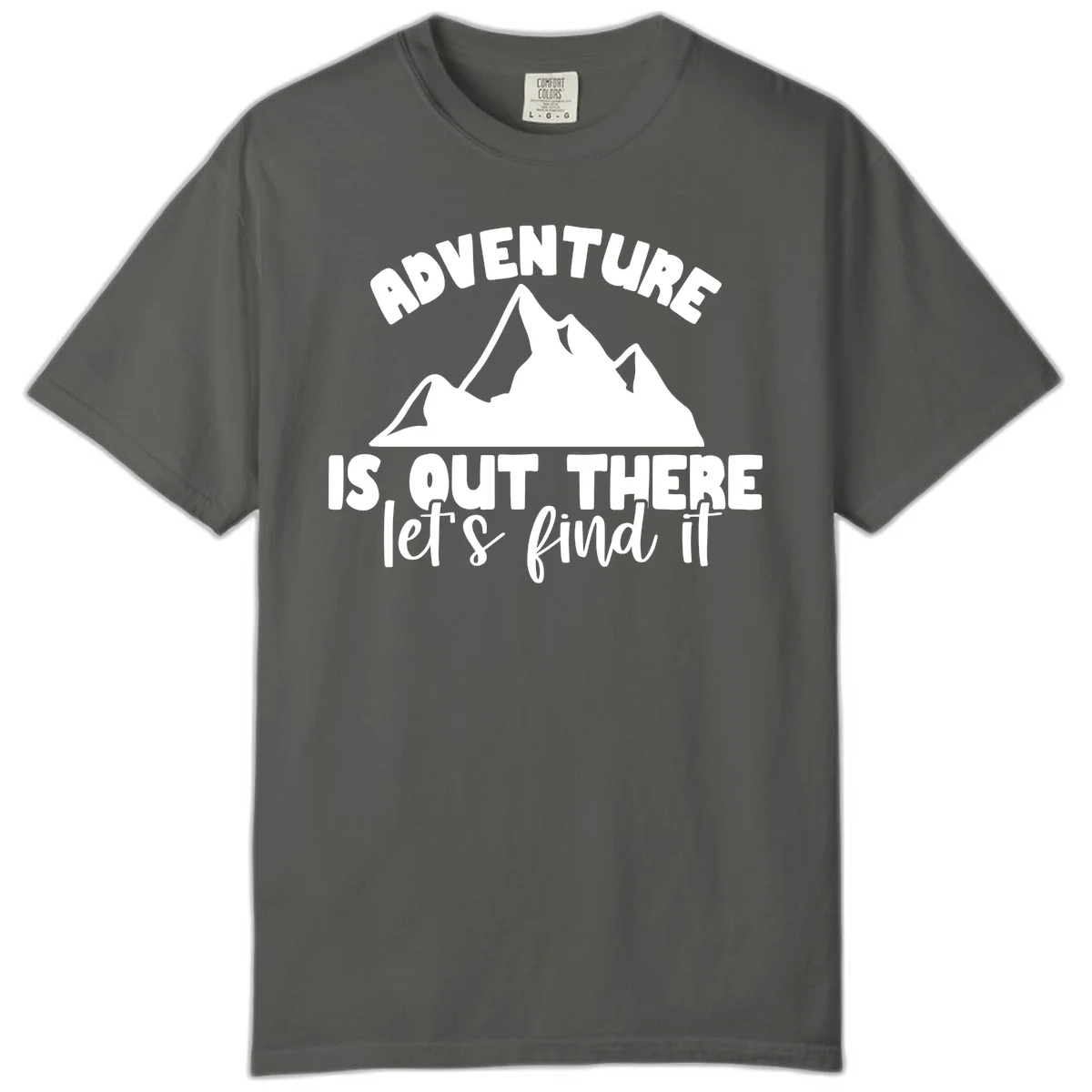 White jagged mountain silhouette with text 'Adventure Is, Out There let's find it' on gray background in Pepper