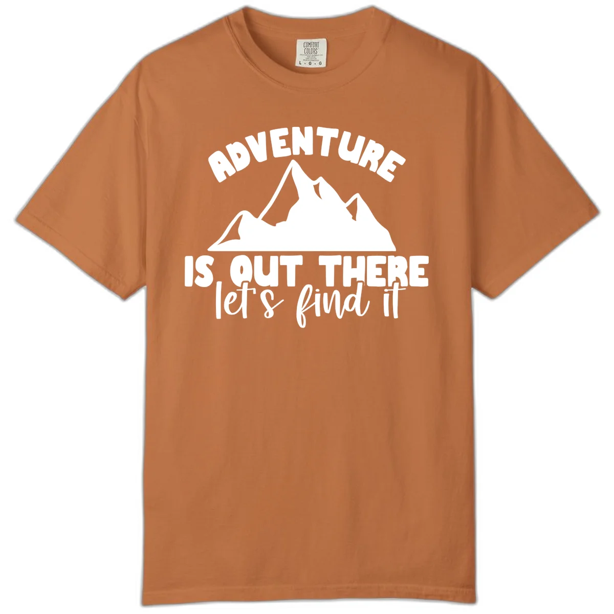 White jagged mountain silhouette with text 'Adventure Is, Out There let's find it' on gray background in Yam