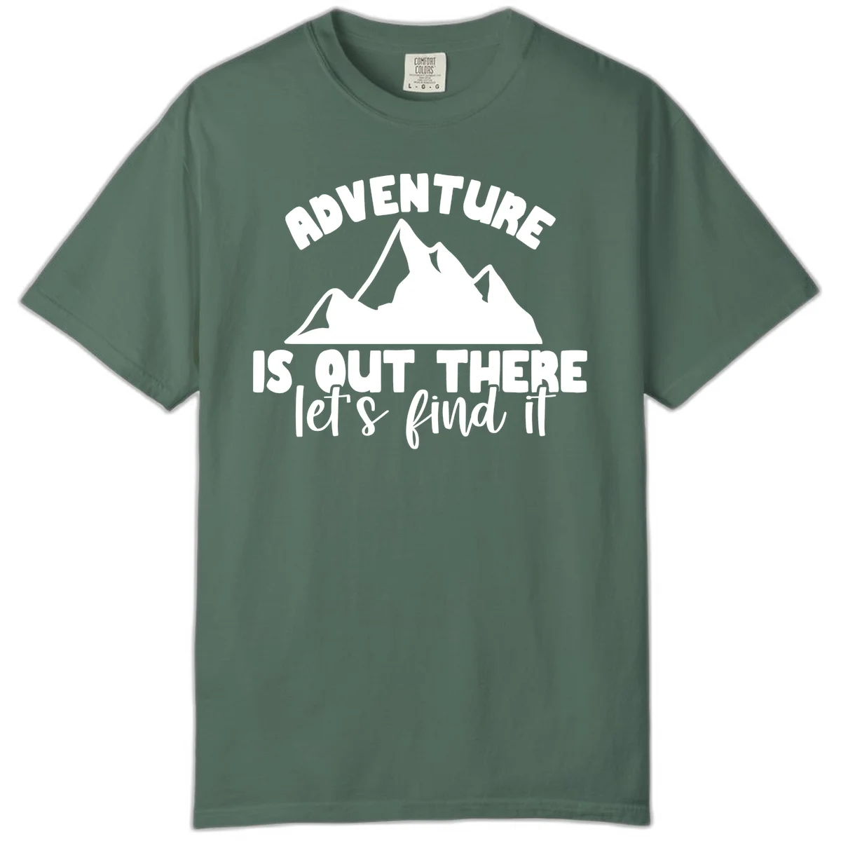 White jagged mountain silhouette with text 'Adventure Is, Out There let's find it' on gray background in Blue Spruce