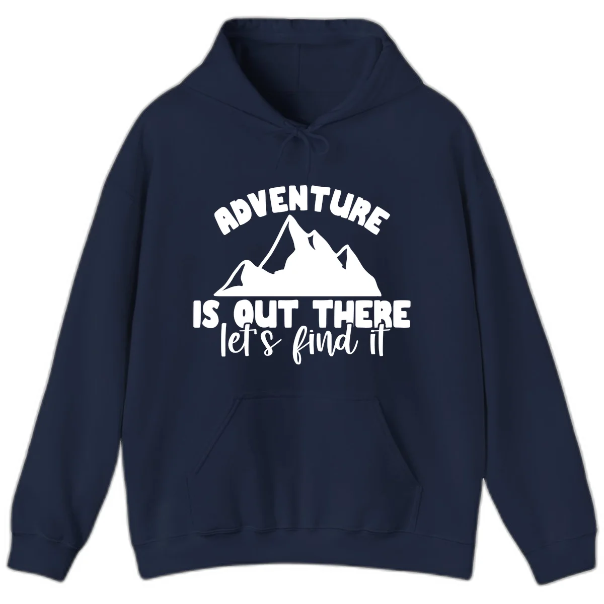 White jagged mountain silhouette with text 'Adventure Is, Out There let's find it' on gray background in Navy