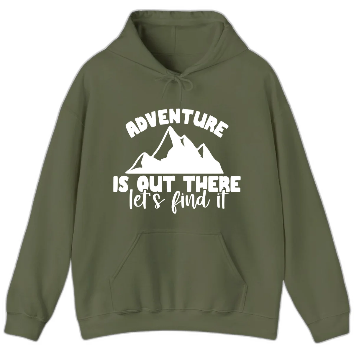 White jagged mountain silhouette with text 'Adventure Is, Out There let's find it' on gray background in Military Green