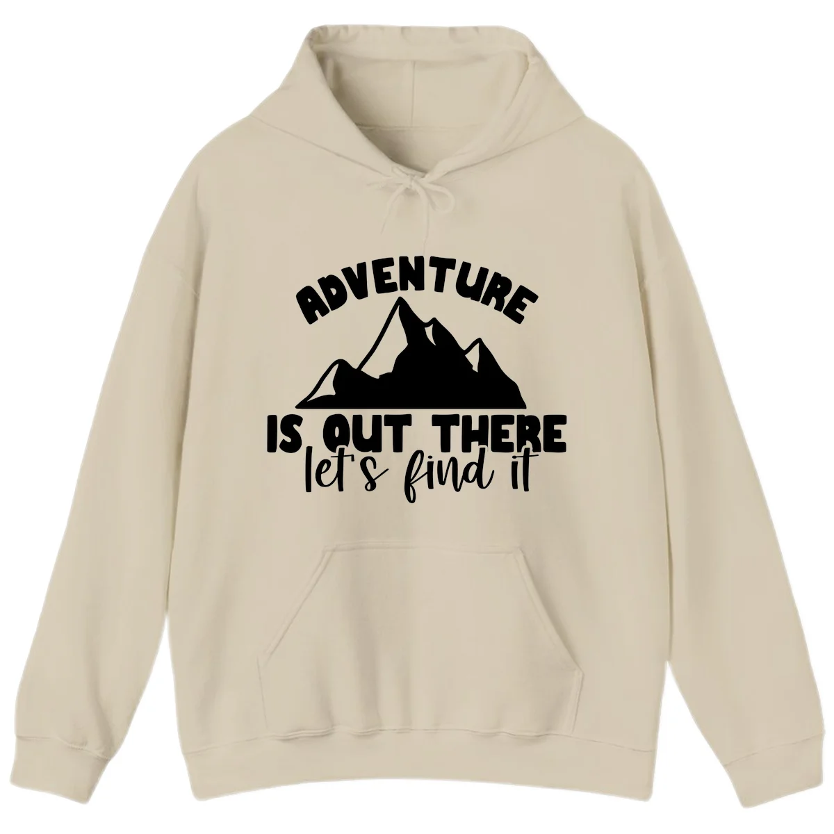 White jagged mountain silhouette with text 'Adventure Is, Out There let's find it' on gray background in Sand