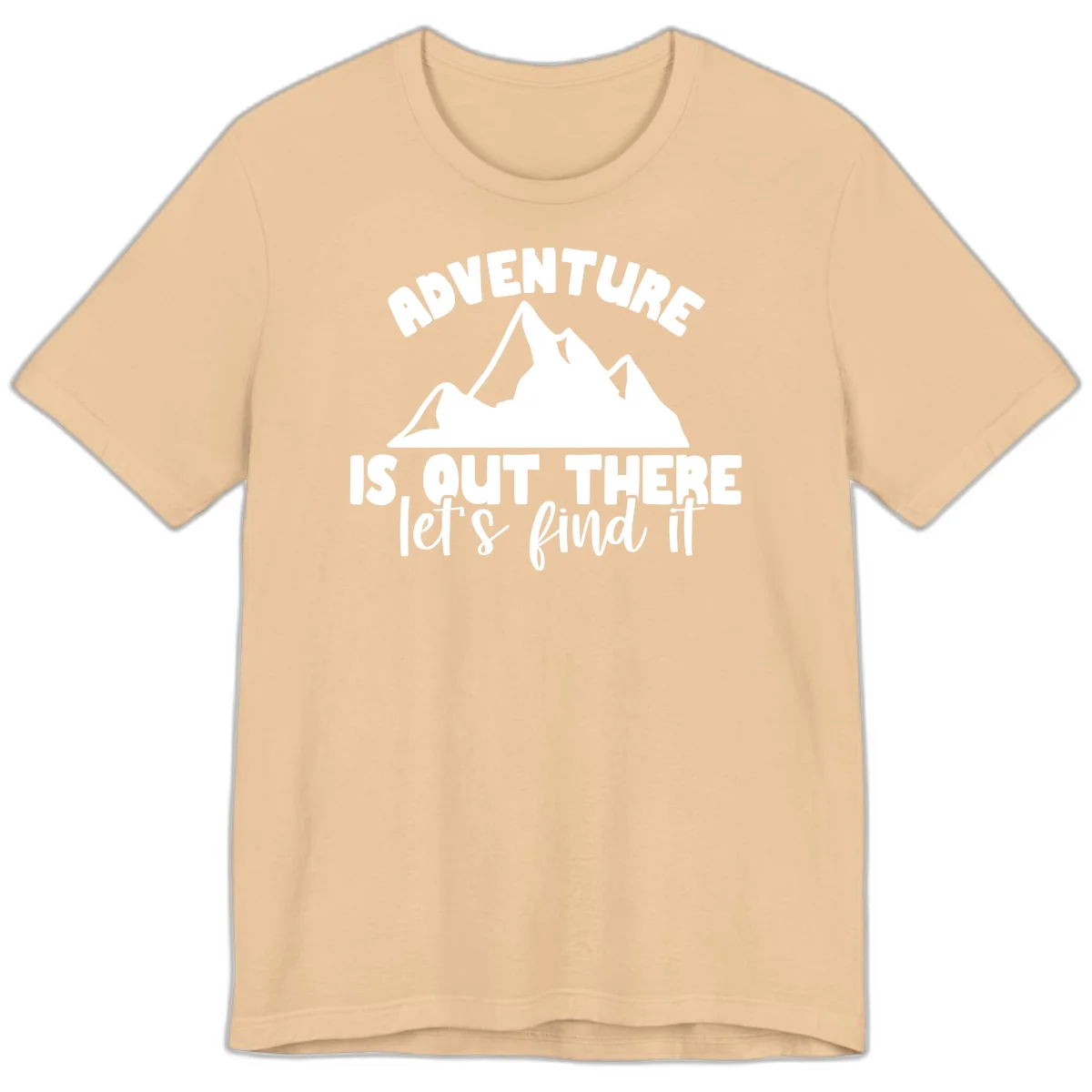 White jagged mountain silhouette with text 'Adventure Is, Out There let's find it' on gray background in Sand Dune