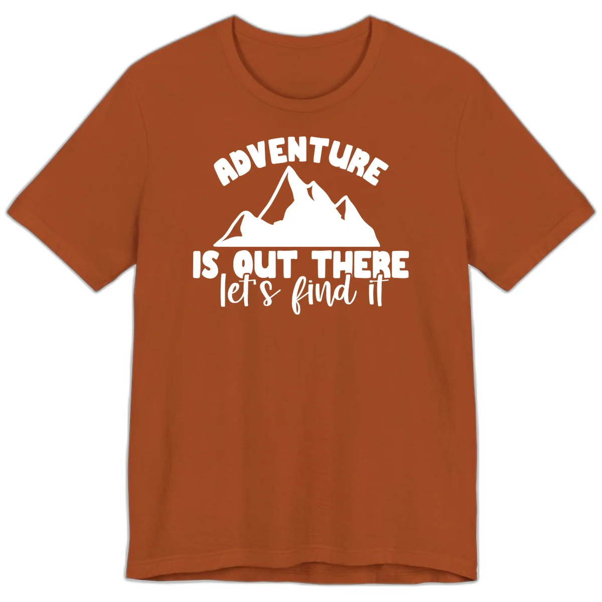 White jagged mountain silhouette with text 'Adventure Is, Out There let's find it' on gray background in Autumn