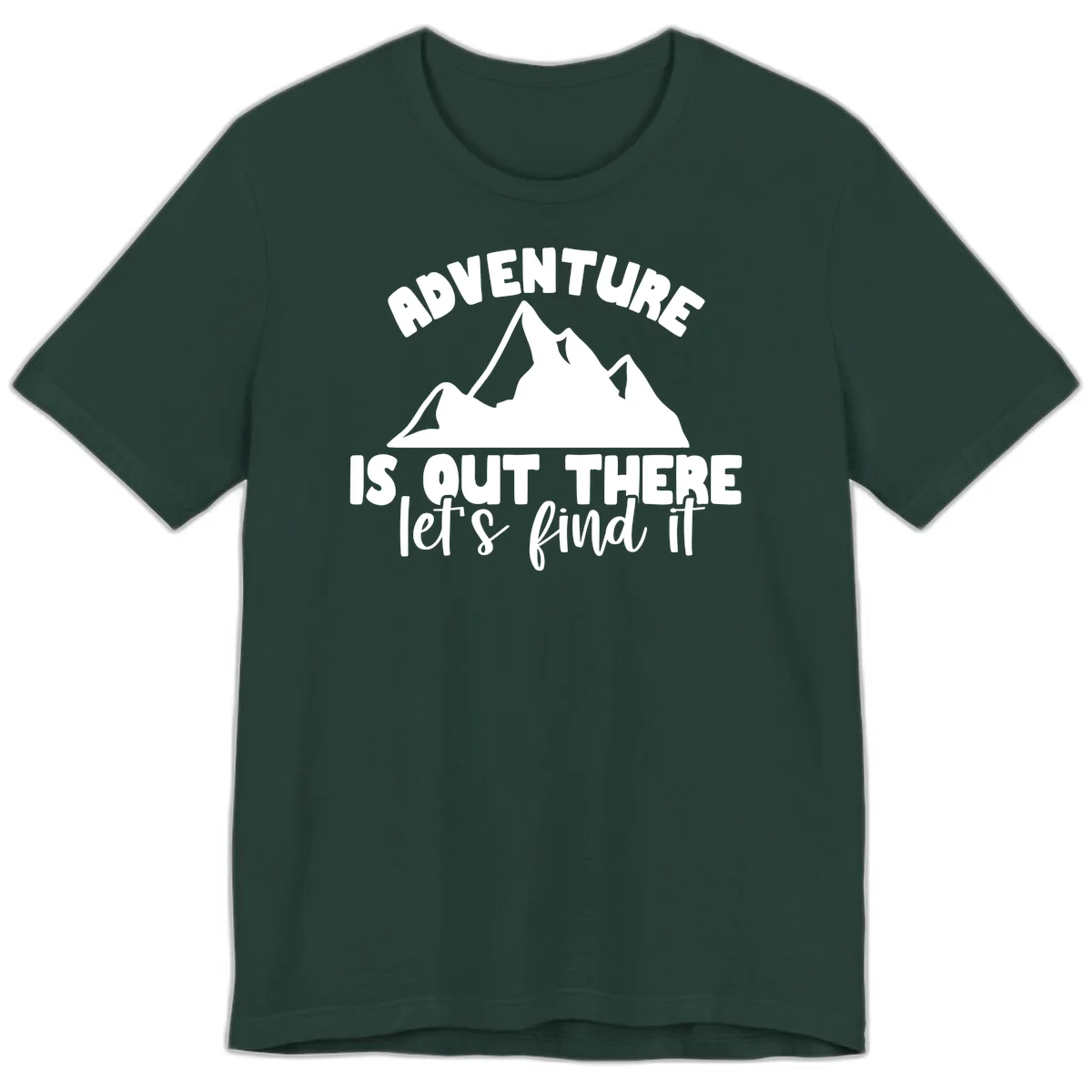 White jagged mountain silhouette with text 'Adventure Is, Out There let's find it' on gray background in Forest