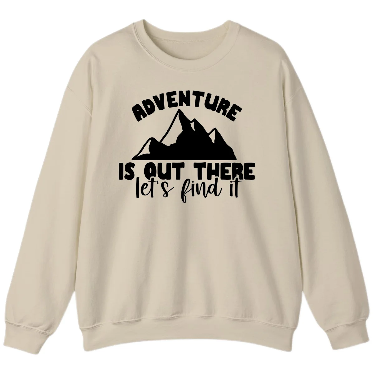 White jagged mountain silhouette with text 'Adventure Is, Out There let's find it' on gray background in Sand