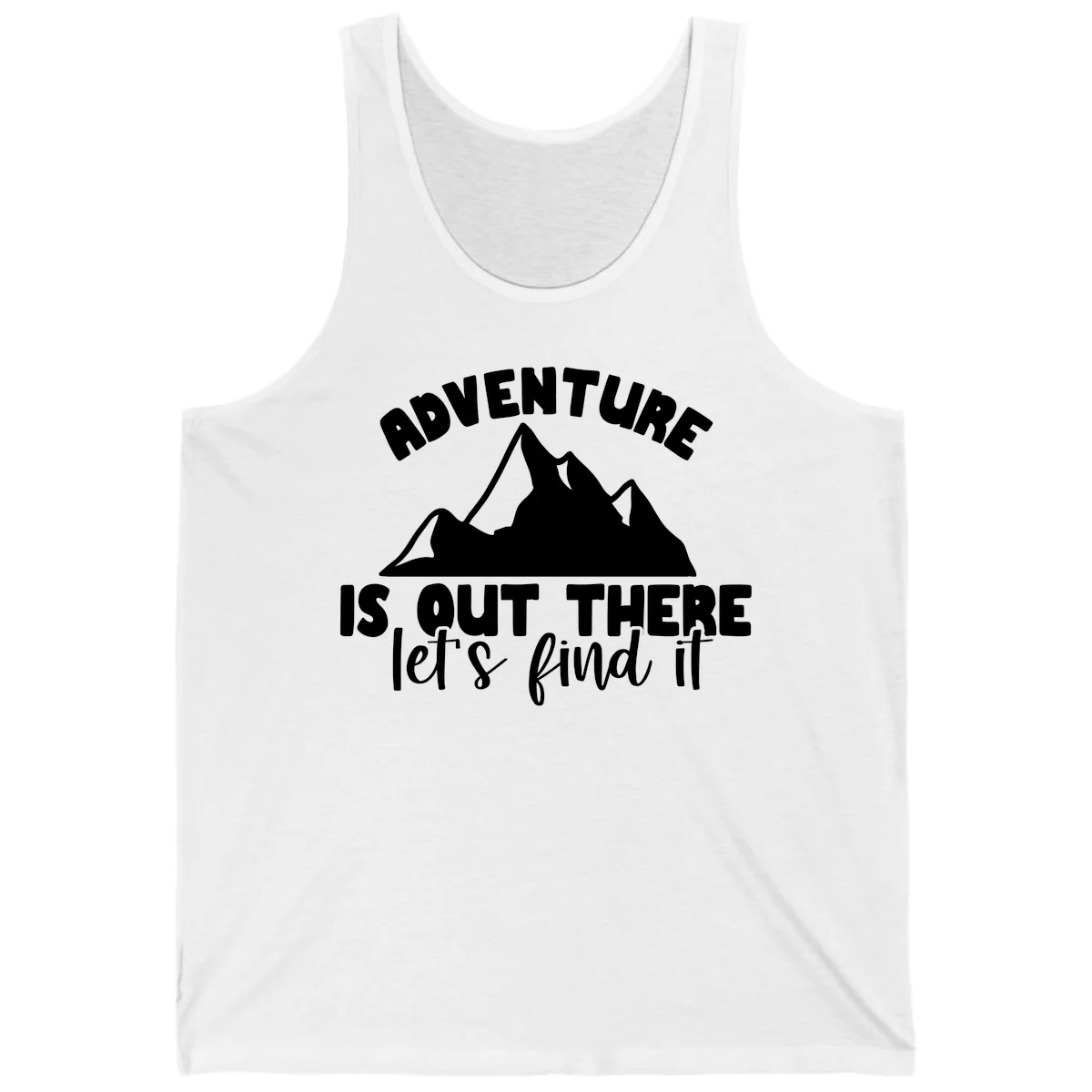White jagged mountain silhouette with text 'Adventure Is, Out There let's find it' on gray background in White
