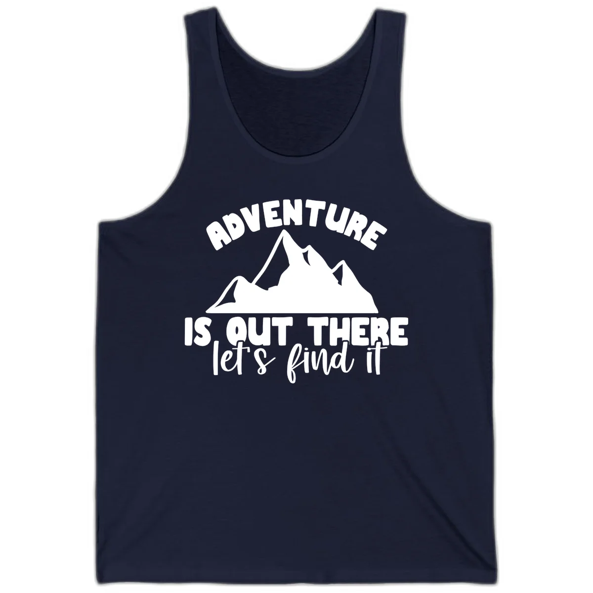 White jagged mountain silhouette with text 'Adventure Is, Out There let's find it' on gray background in Navy