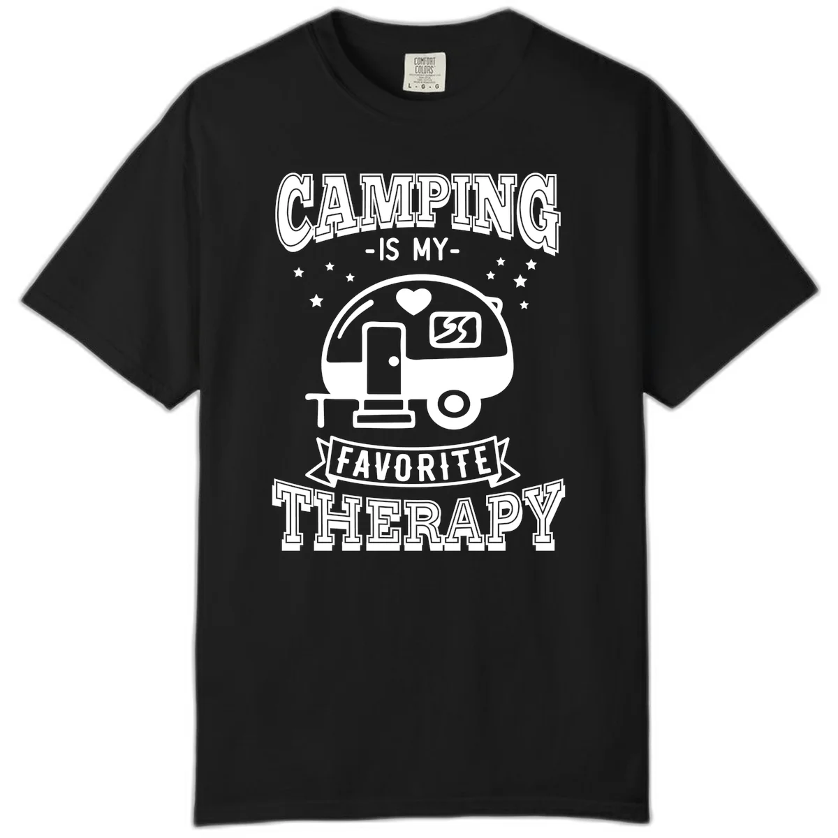Vintage-style camping therapy design with retro travel trailer, heart, stars, and text reading 'Camping Is My Favorite Therapy' in Black