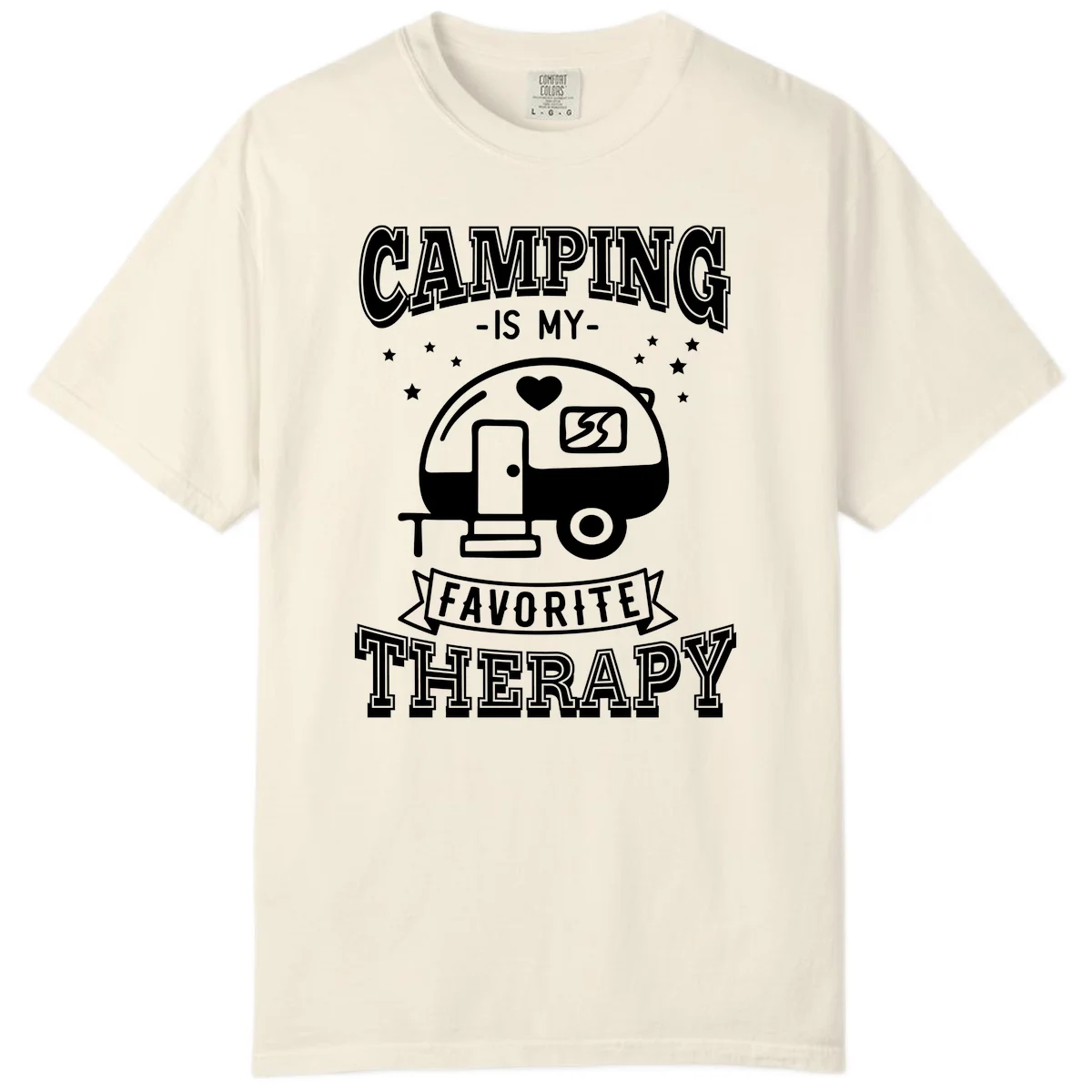 Vintage-style camping therapy design with retro travel trailer, heart, stars, and text reading 'Camping Is My Favorite Therapy' in Ivory