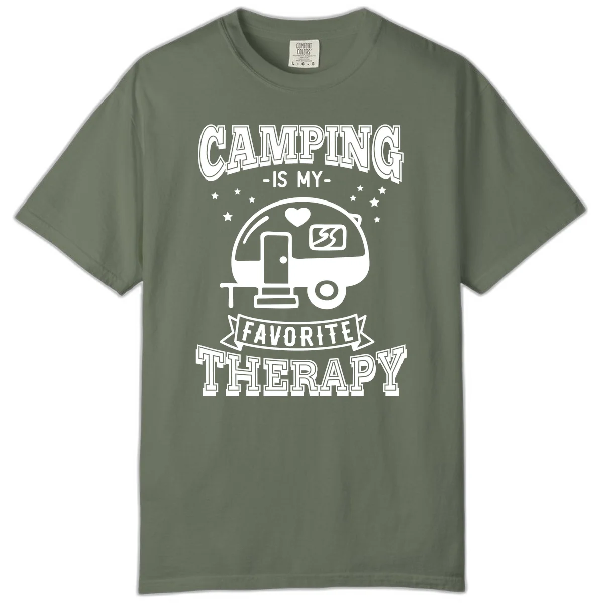 Vintage-style camping therapy design with retro travel trailer, heart, stars, and text reading 'Camping Is My Favorite Therapy' in Moss