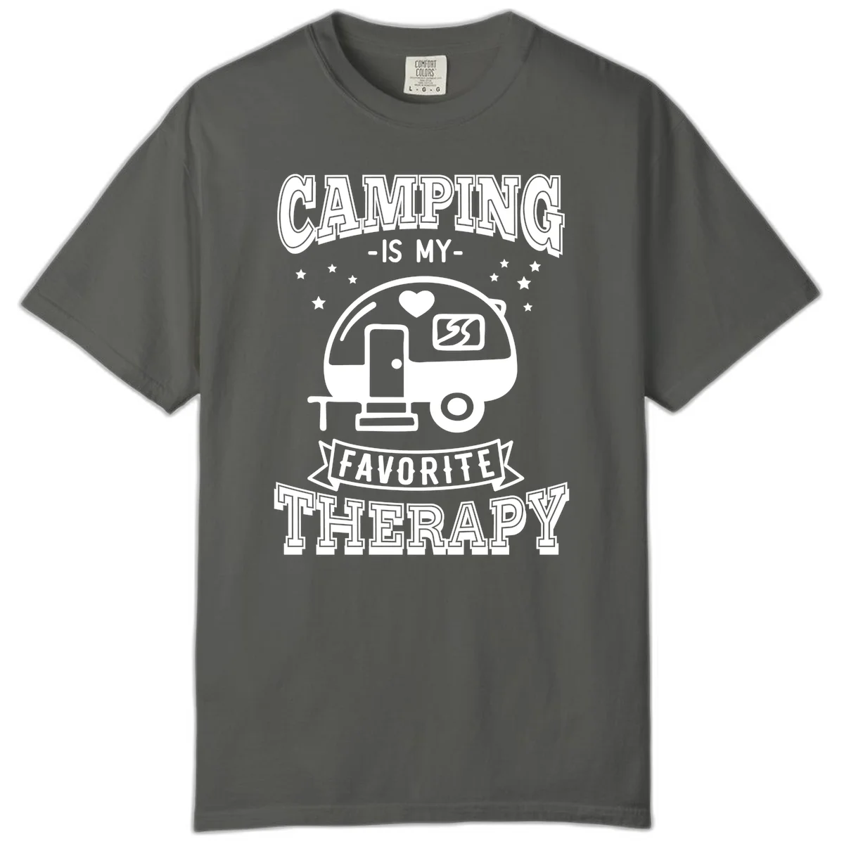 Vintage-style camping therapy design with retro travel trailer, heart, stars, and text reading 'Camping Is My Favorite Therapy' in Pepper