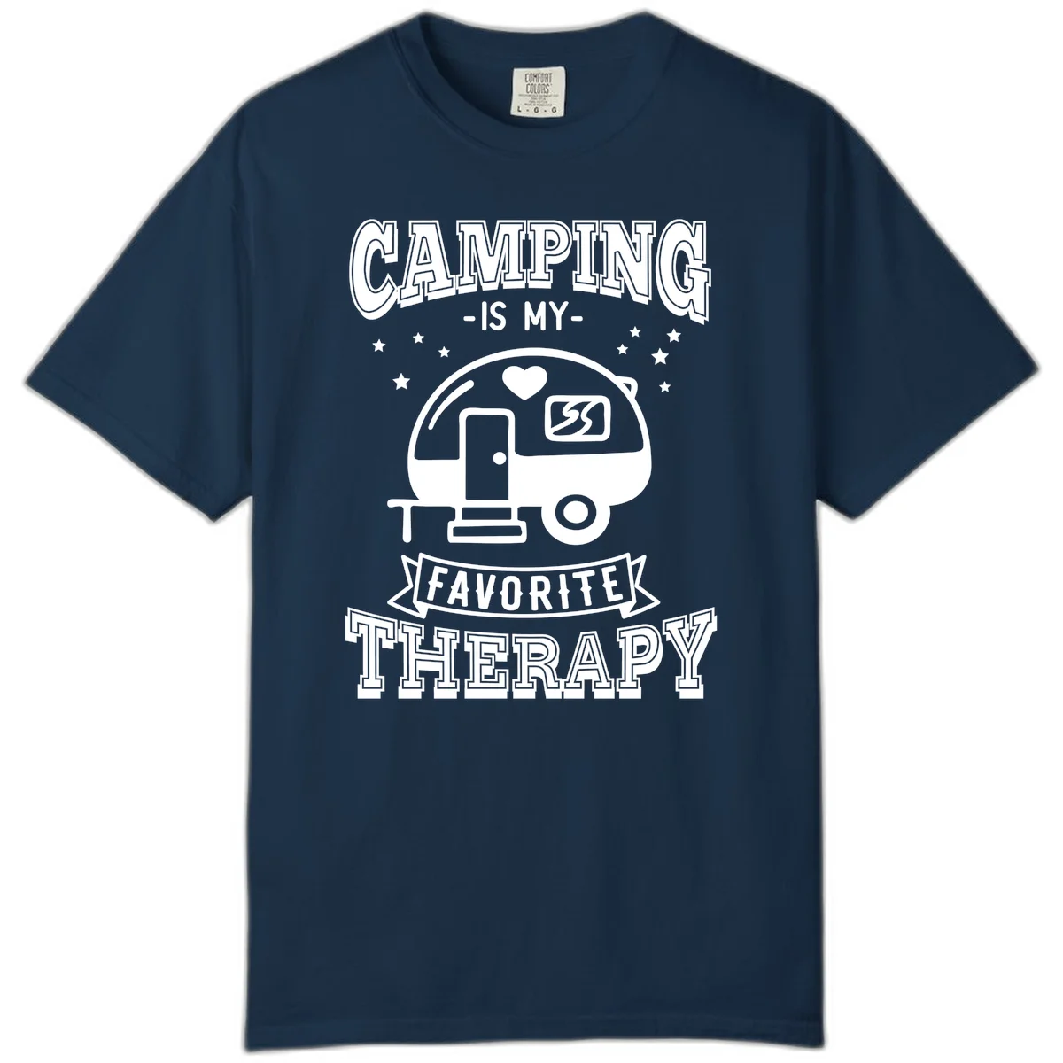 Vintage-style camping therapy design with retro travel trailer, heart, stars, and text reading 'Camping Is My Favorite Therapy' in True Navy