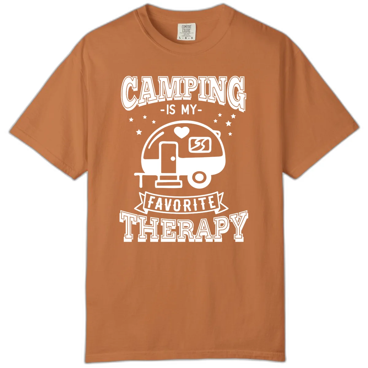 Vintage-style camping therapy design with retro travel trailer, heart, stars, and text reading 'Camping Is My Favorite Therapy' in Yam