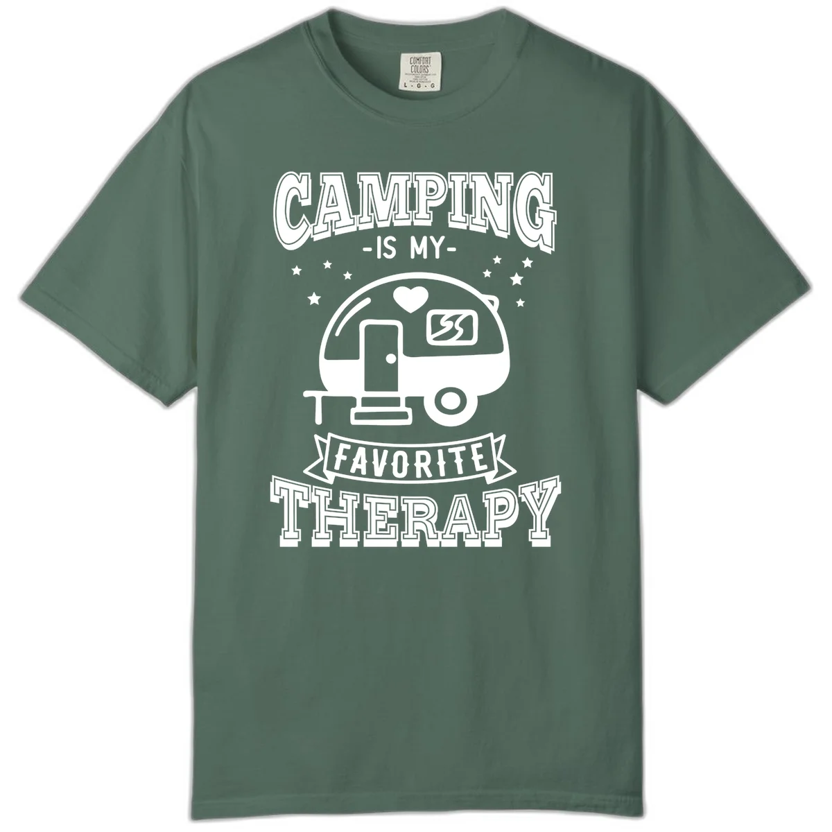 Vintage-style camping therapy design with retro travel trailer, heart, stars, and text reading 'Camping Is My Favorite Therapy' in Blue Spruce