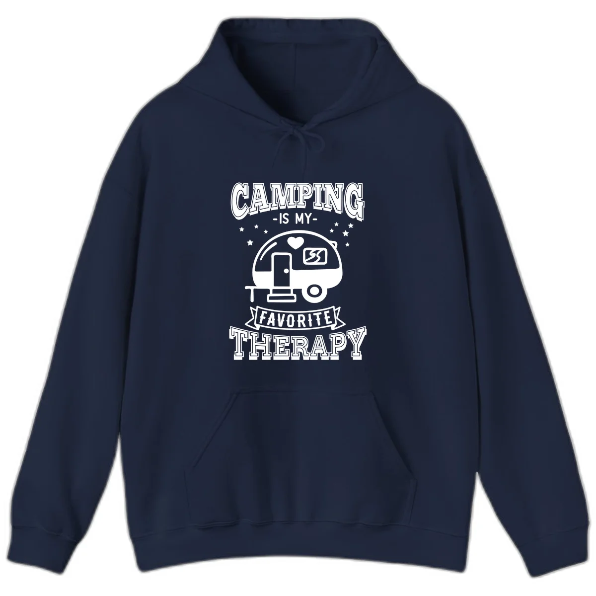 Vintage-style camping therapy design with retro travel trailer, heart, stars, and text reading 'Camping Is My Favorite Therapy' in Navy
