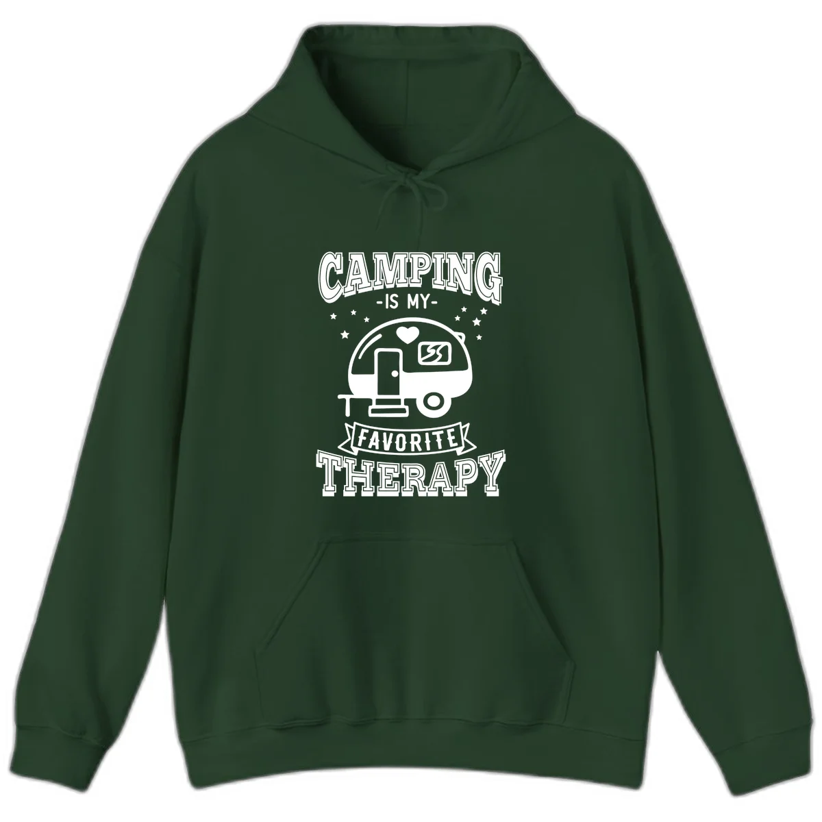 Vintage-style camping therapy design with retro travel trailer, heart, stars, and text reading 'Camping Is My Favorite Therapy' in Forest Green