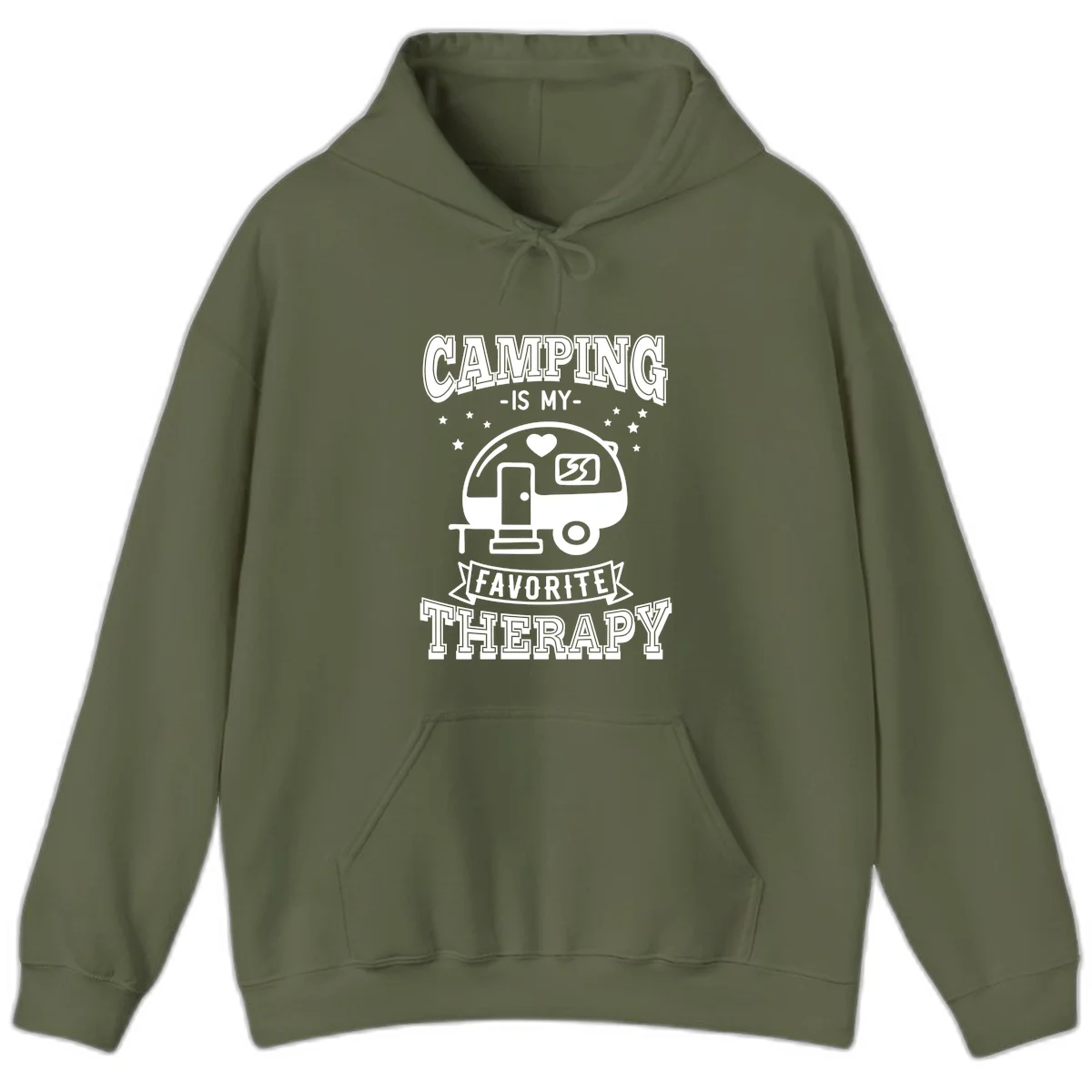 Vintage-style camping therapy design with retro travel trailer, heart, stars, and text reading 'Camping Is My Favorite Therapy' in Military Green