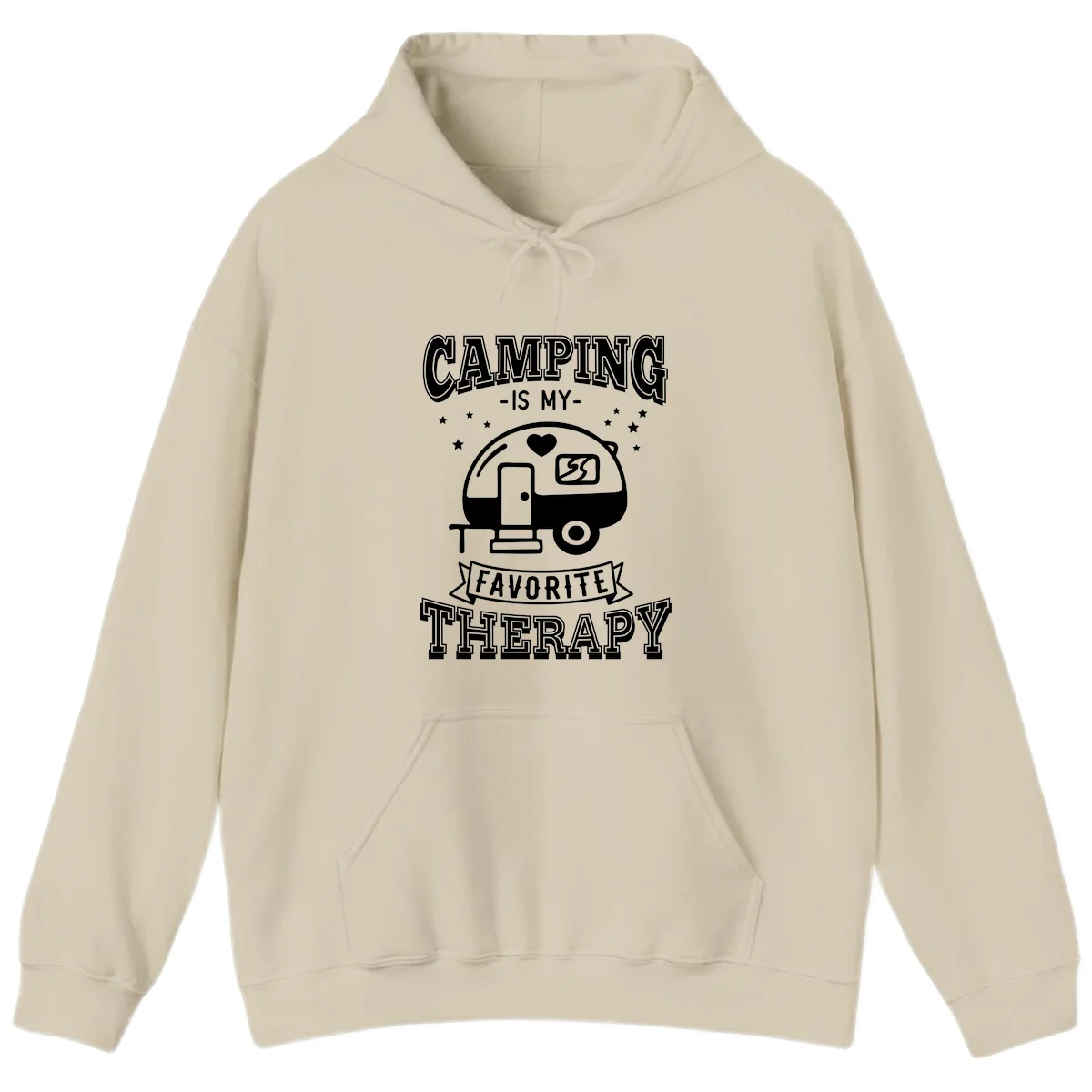 Vintage-style camping therapy design with retro travel trailer, heart, stars, and text reading 'Camping Is My Favorite Therapy' in Sand