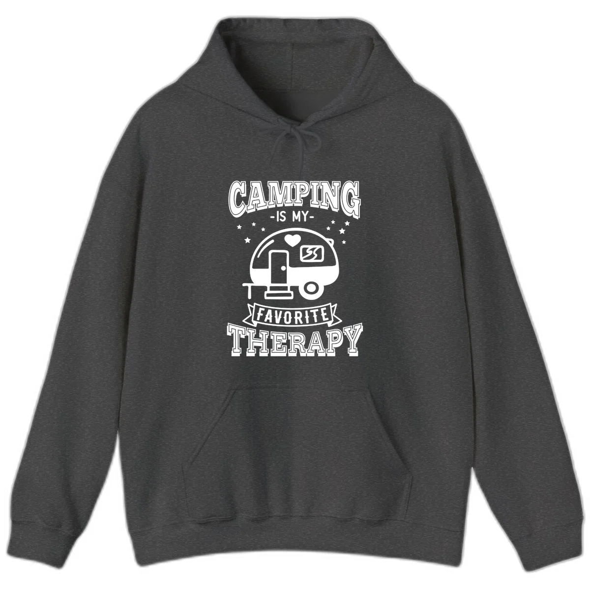 Vintage-style camping therapy design with retro travel trailer, heart, stars, and text reading 'Camping Is My Favorite Therapy' in Dark Heather