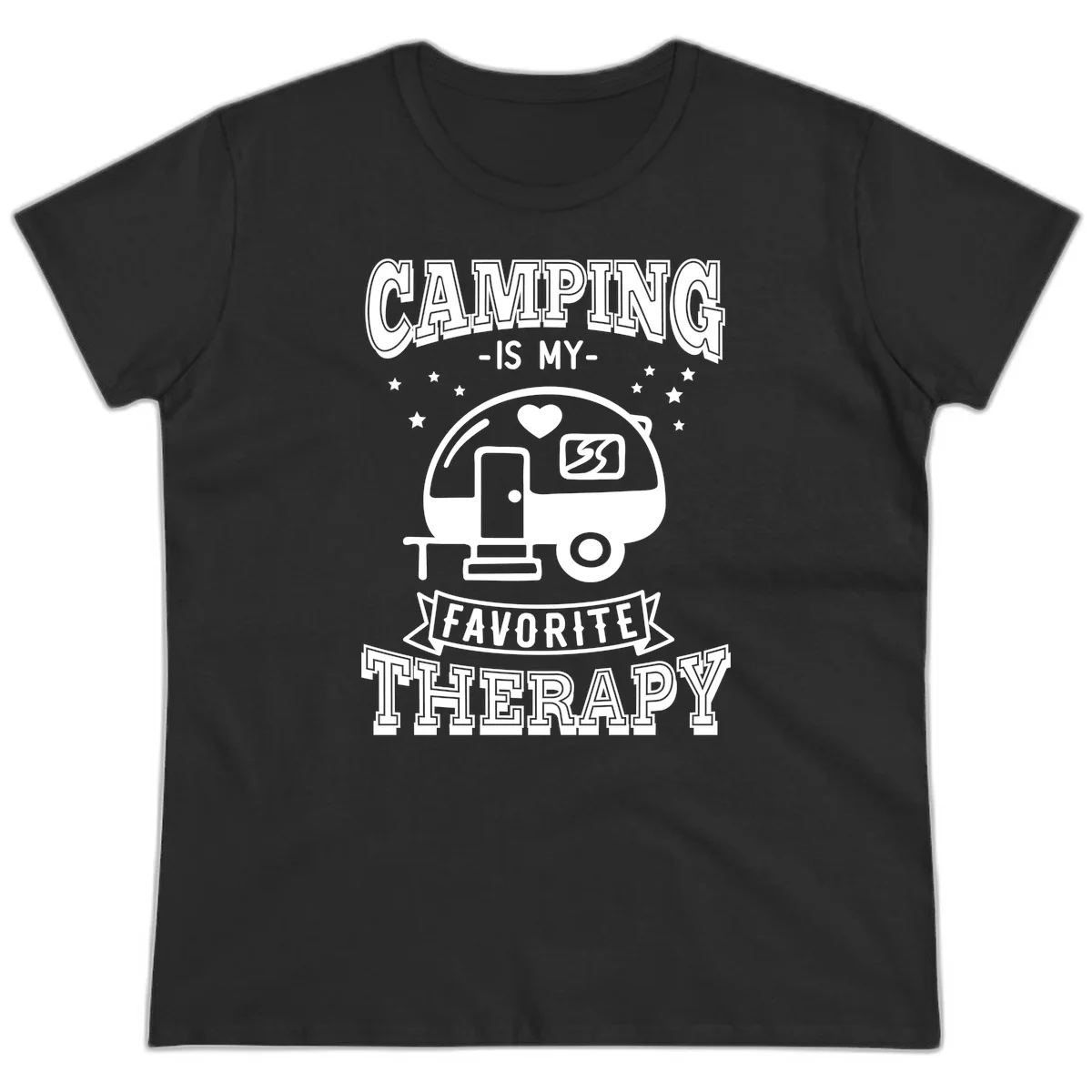 Vintage-style camping therapy design with retro travel trailer, heart, stars, and text reading 'Camping Is My Favorite Therapy' in Black
