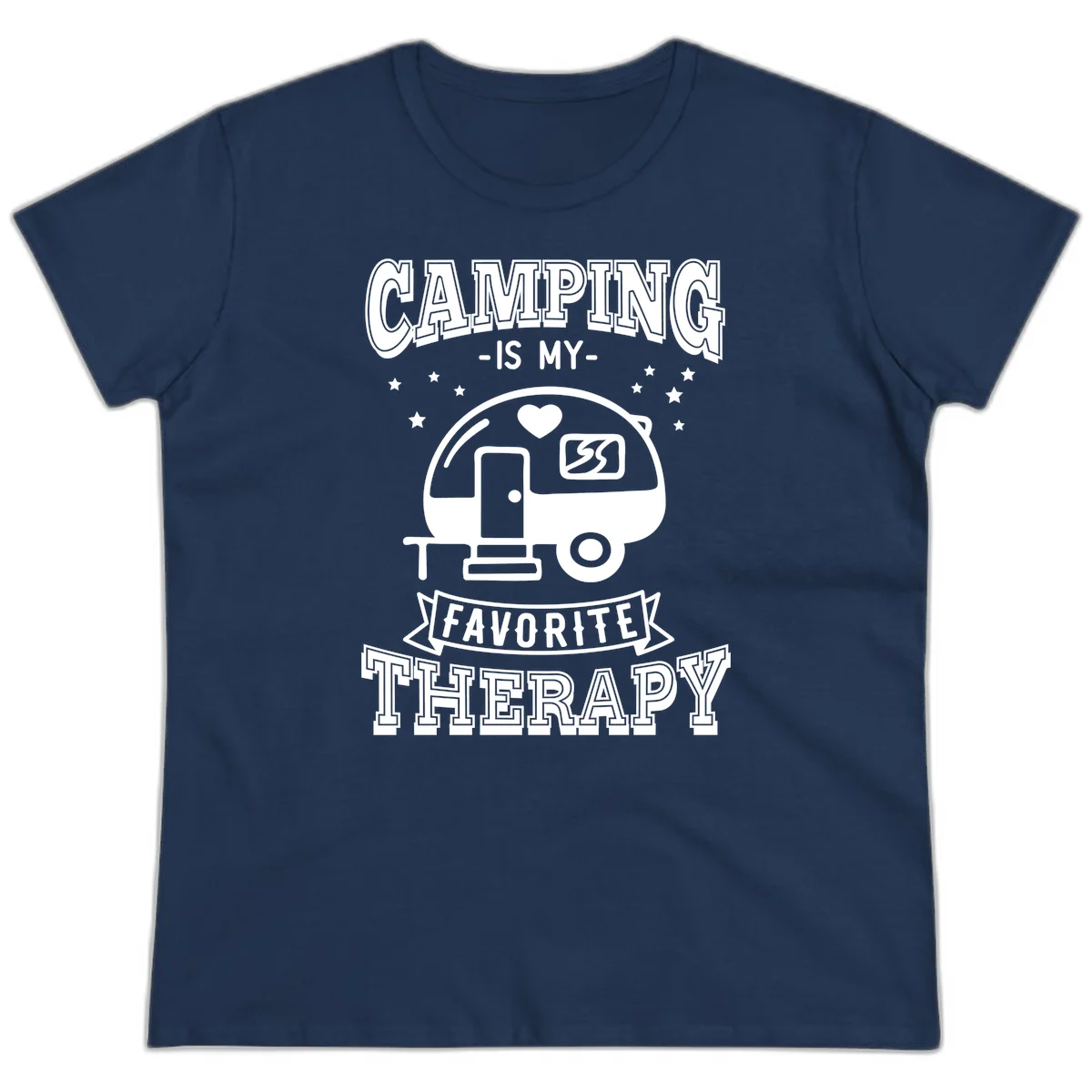 Vintage-style camping therapy design with retro travel trailer, heart, stars, and text reading 'Camping Is My Favorite Therapy' in Navy