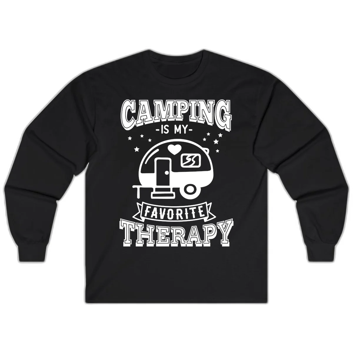 Vintage-style camping therapy design with retro travel trailer, heart, stars, and text reading 'Camping Is My Favorite Therapy' in Black