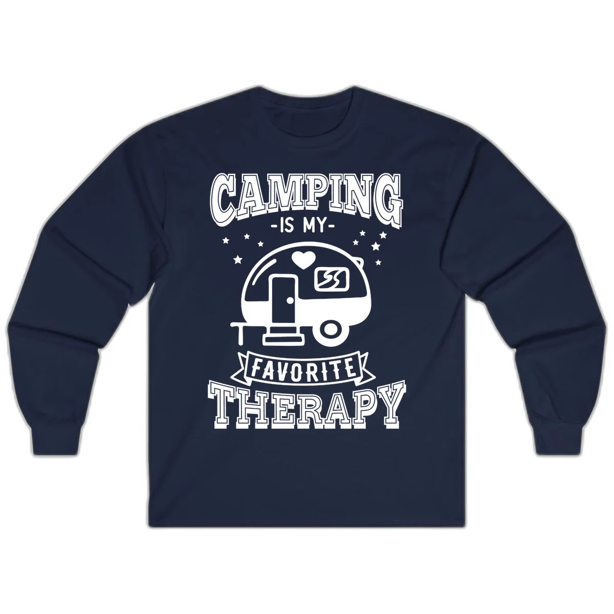 Vintage-style camping therapy design with retro travel trailer, heart, stars, and text reading 'Camping Is My Favorite Therapy' in Navy