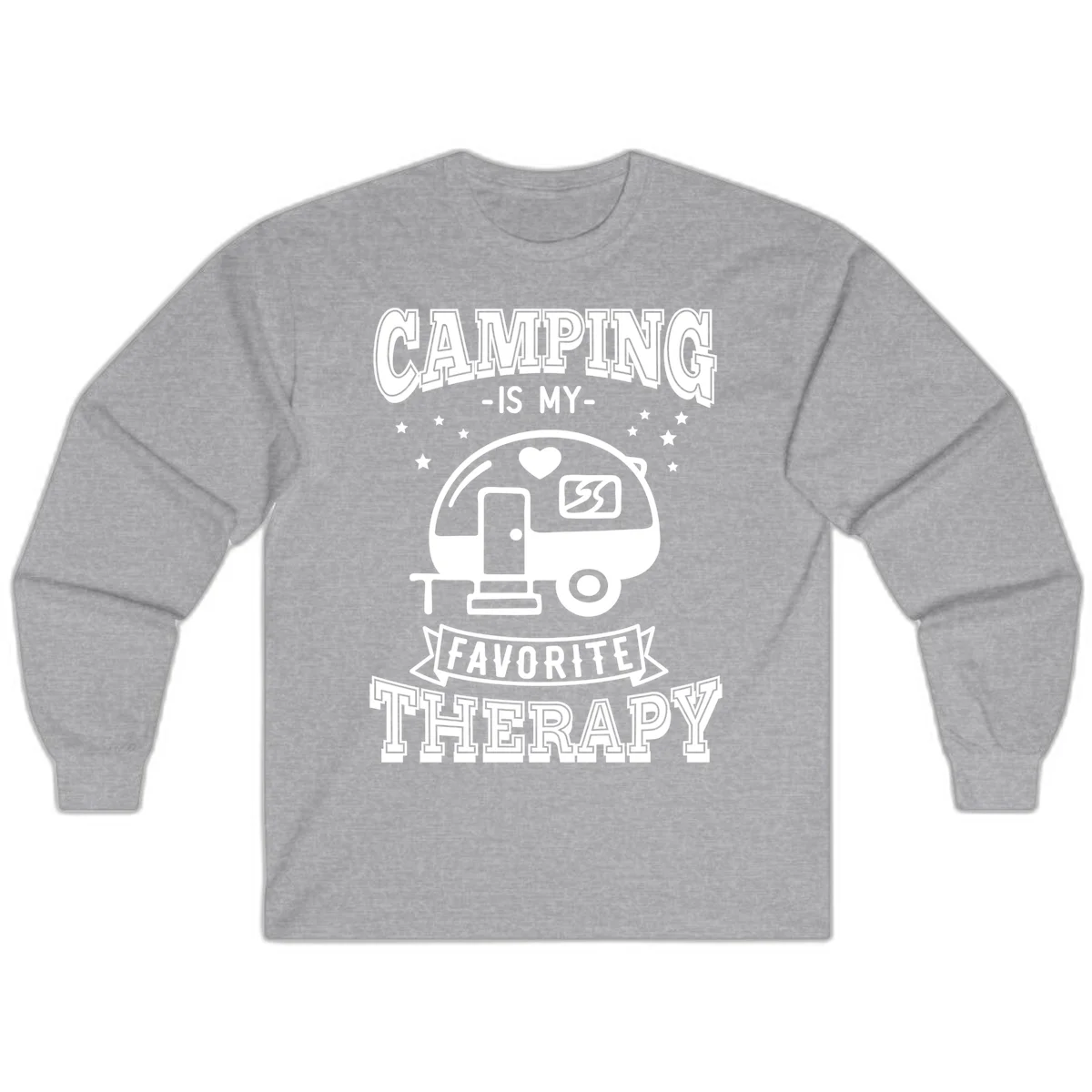 Vintage-style camping therapy design with retro travel trailer, heart, stars, and text reading 'Camping Is My Favorite Therapy' in Sport Grey