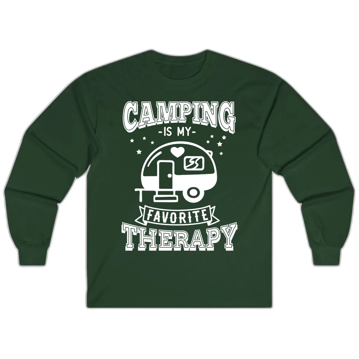 Vintage-style camping therapy design with retro travel trailer, heart, stars, and text reading 'Camping Is My Favorite Therapy' in Forest Green