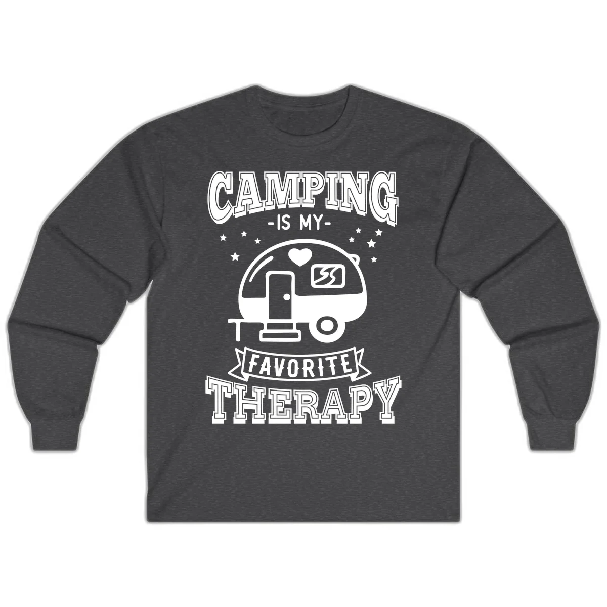 Vintage-style camping therapy design with retro travel trailer, heart, stars, and text reading 'Camping Is My Favorite Therapy' in Dark Heather
