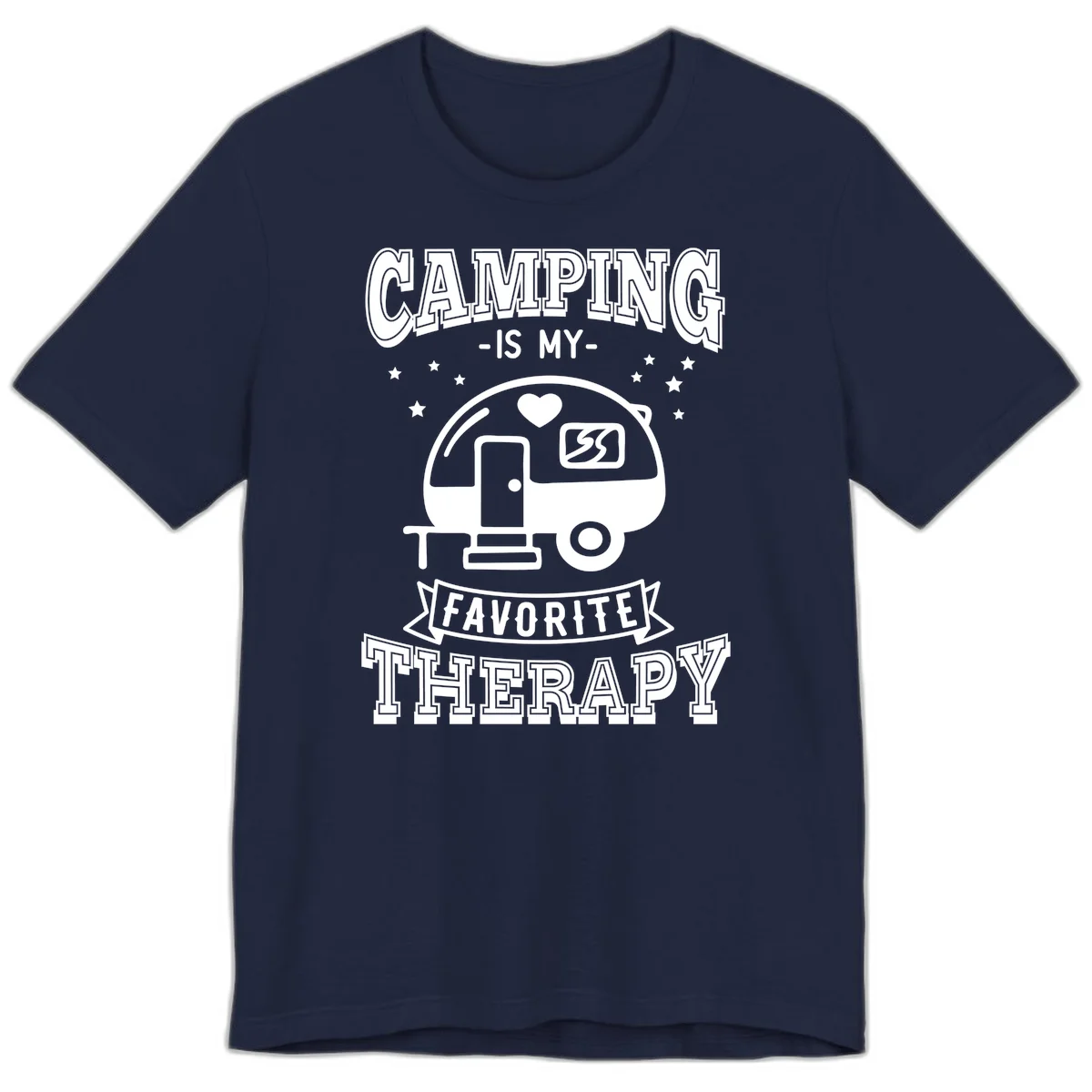 Vintage-style camping therapy design with retro travel trailer, heart, stars, and text reading 'Camping Is My Favorite Therapy' in Navy
