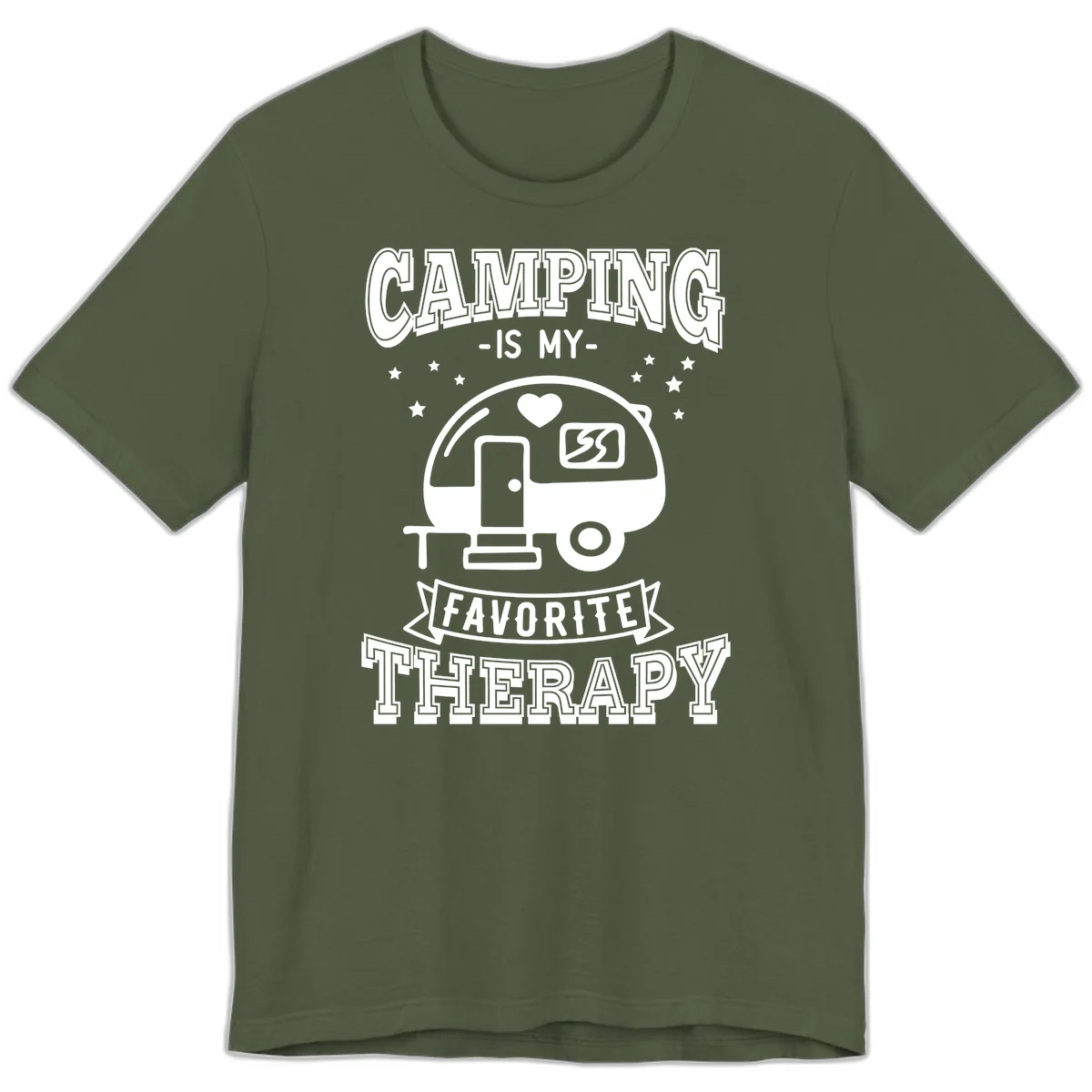 Vintage-style camping therapy design with retro travel trailer, heart, stars, and text reading 'Camping Is My Favorite Therapy' in Military Green