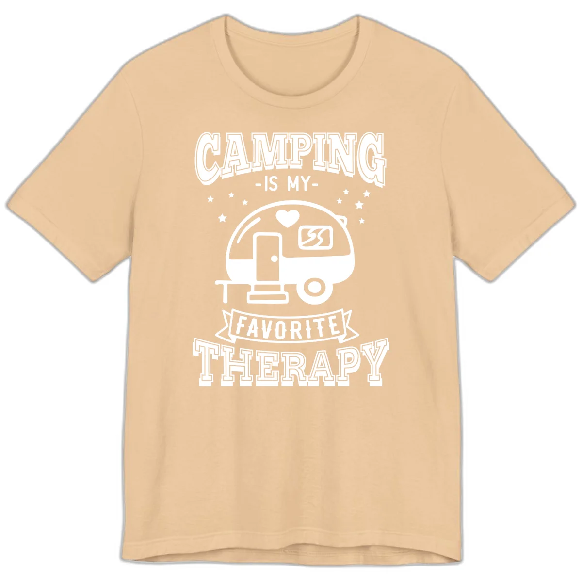 Vintage-style camping therapy design with retro travel trailer, heart, stars, and text reading 'Camping Is My Favorite Therapy' in Sand Dune