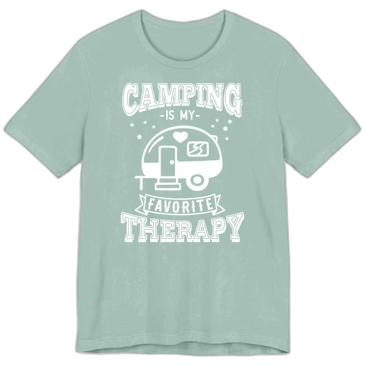 Vintage-style camping therapy design with retro travel trailer, heart, stars, and text reading 'Camping Is My Favorite Therapy' in Dusty Blue