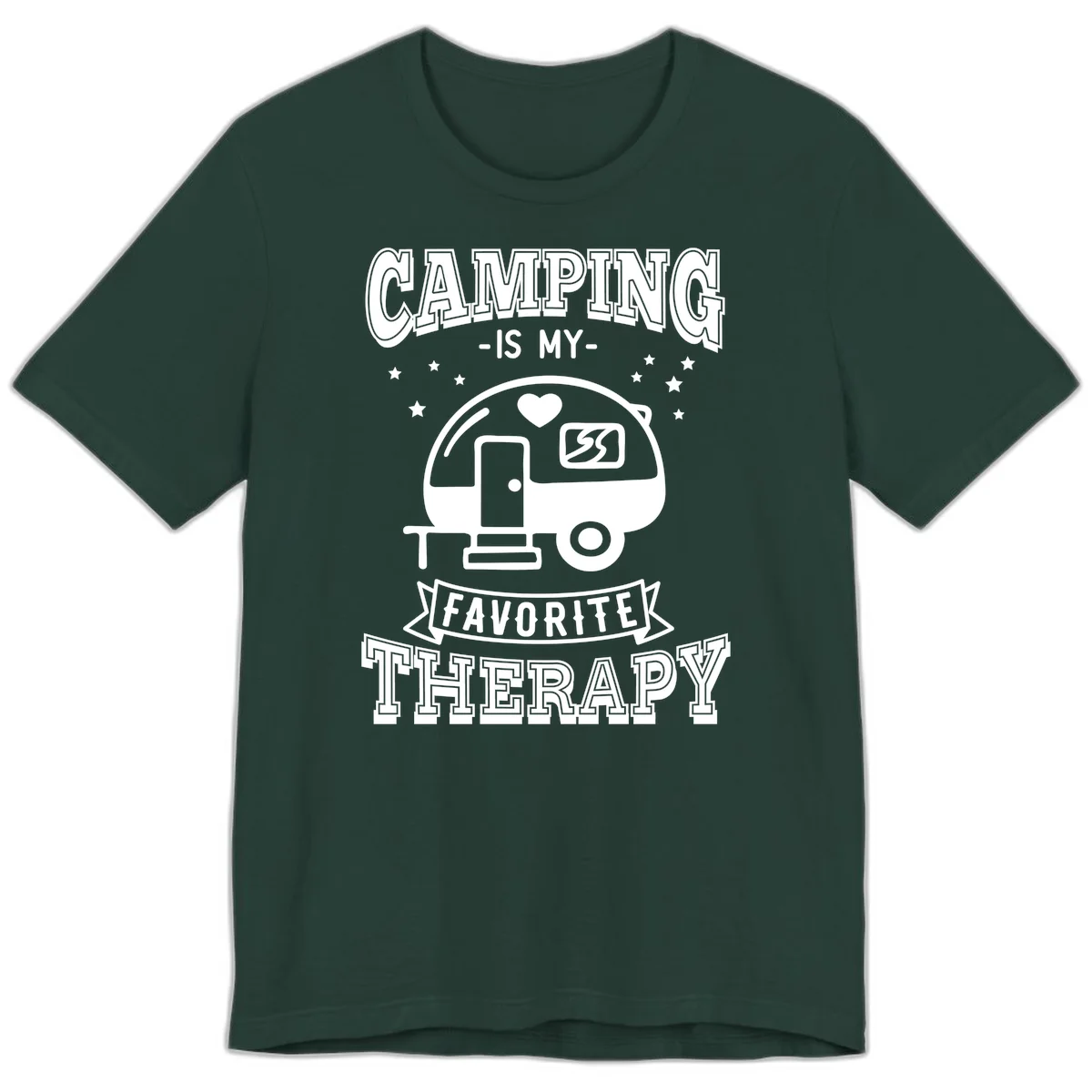 Vintage-style camping therapy design with retro travel trailer, heart, stars, and text reading 'Camping Is My Favorite Therapy' in Forest