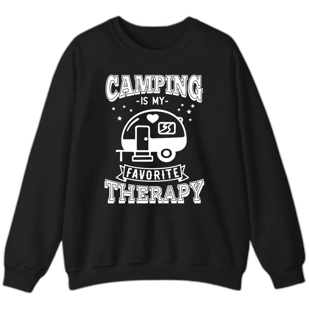 Vintage-style camping therapy design with retro travel trailer, heart, stars, and text reading 'Camping Is My Favorite Therapy' in Black