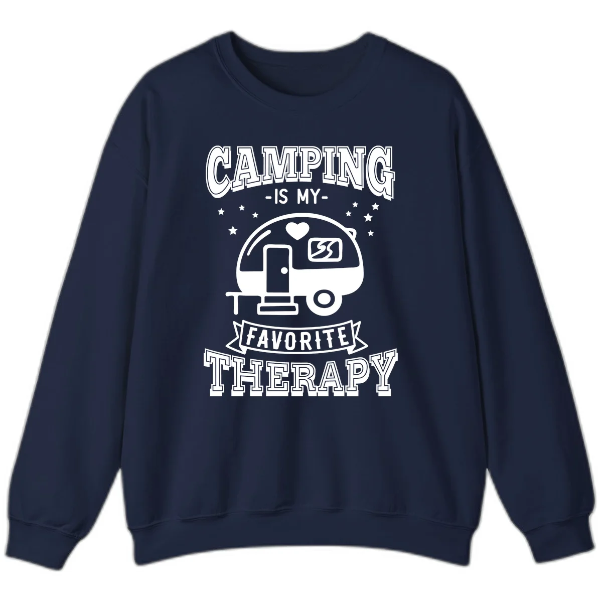 Vintage-style camping therapy design with retro travel trailer, heart, stars, and text reading 'Camping Is My Favorite Therapy' in Navy