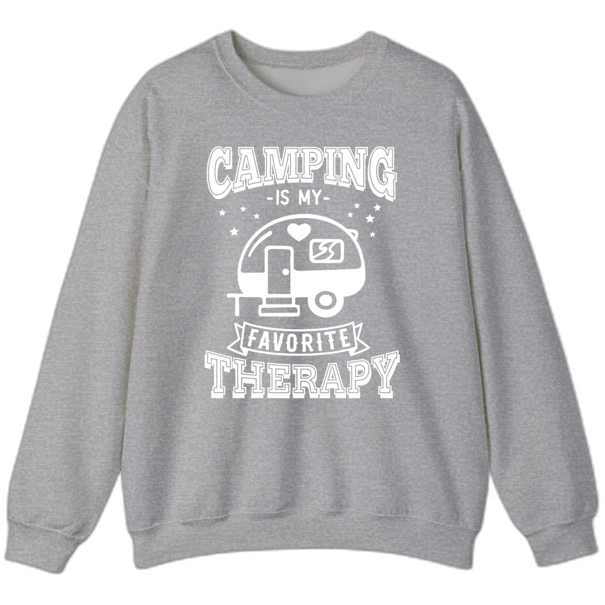 Vintage-style camping therapy design with retro travel trailer, heart, stars, and text reading 'Camping Is My Favorite Therapy' in Sport Grey