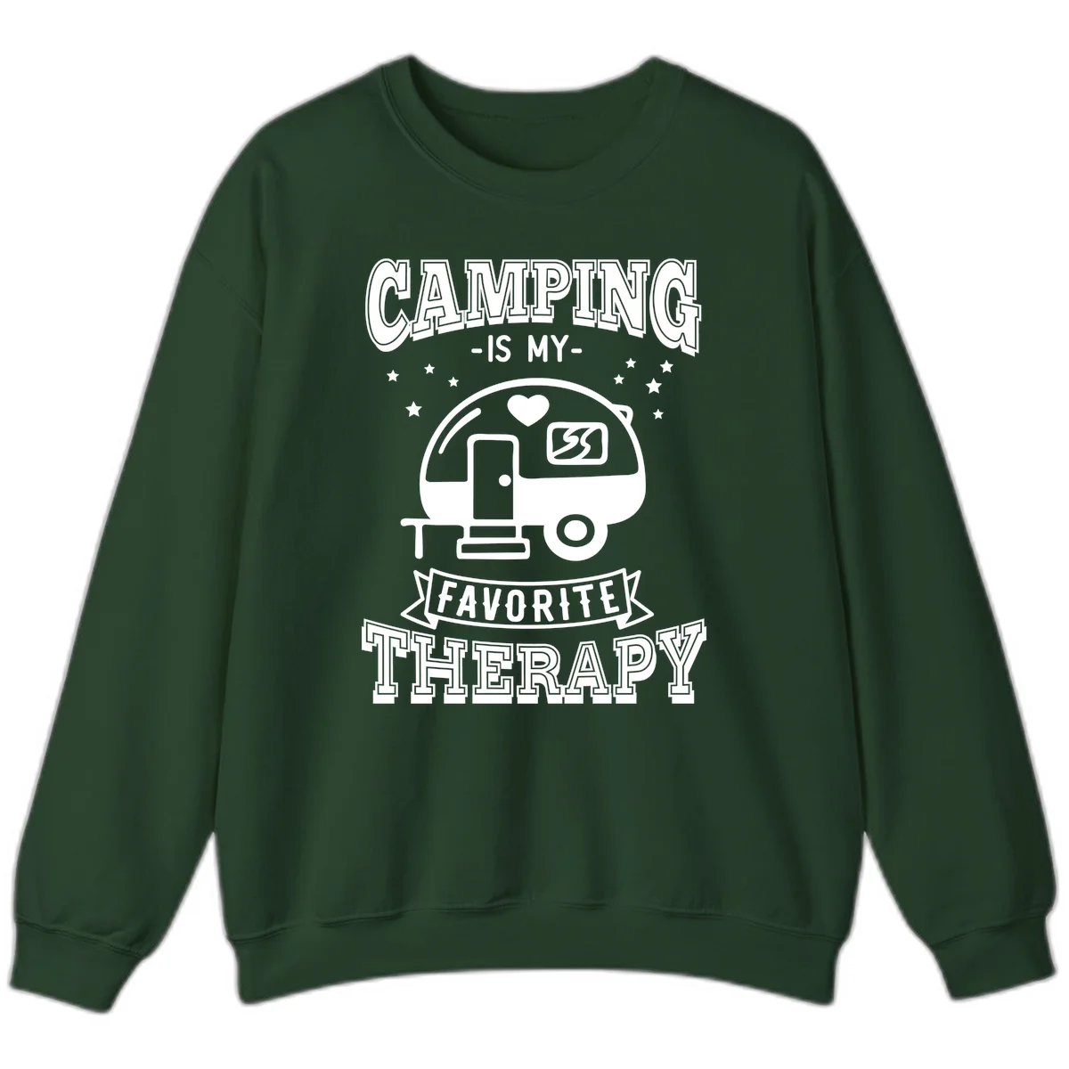 Vintage-style camping therapy design with retro travel trailer, heart, stars, and text reading 'Camping Is My Favorite Therapy' in Forest Green