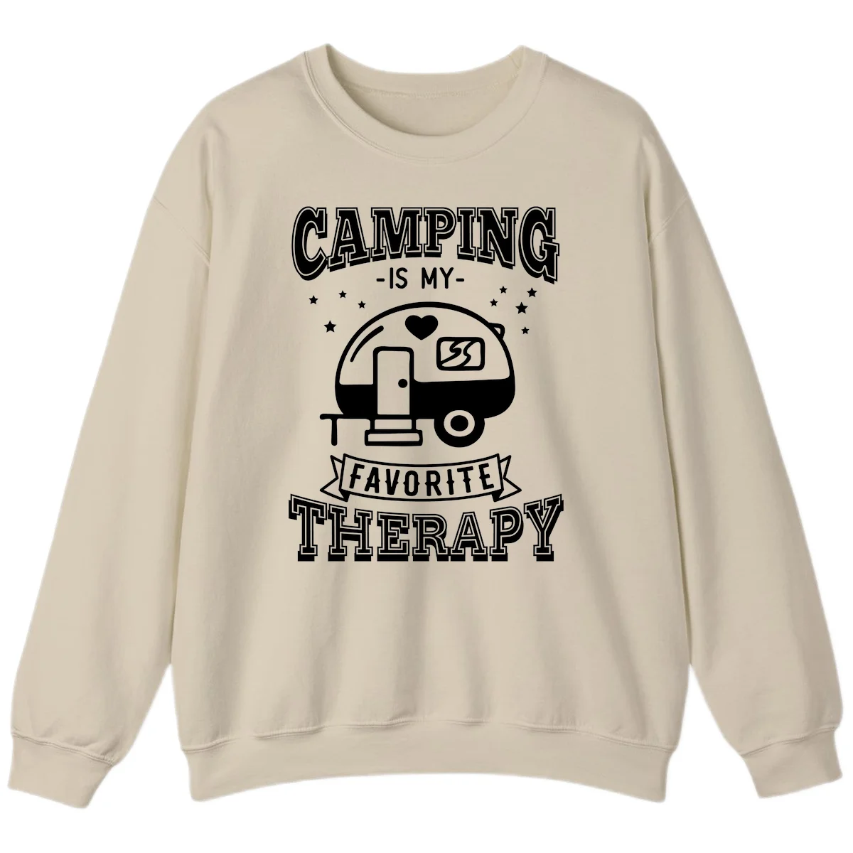 Vintage-style camping therapy design with retro travel trailer, heart, stars, and text reading 'Camping Is My Favorite Therapy' in Sand