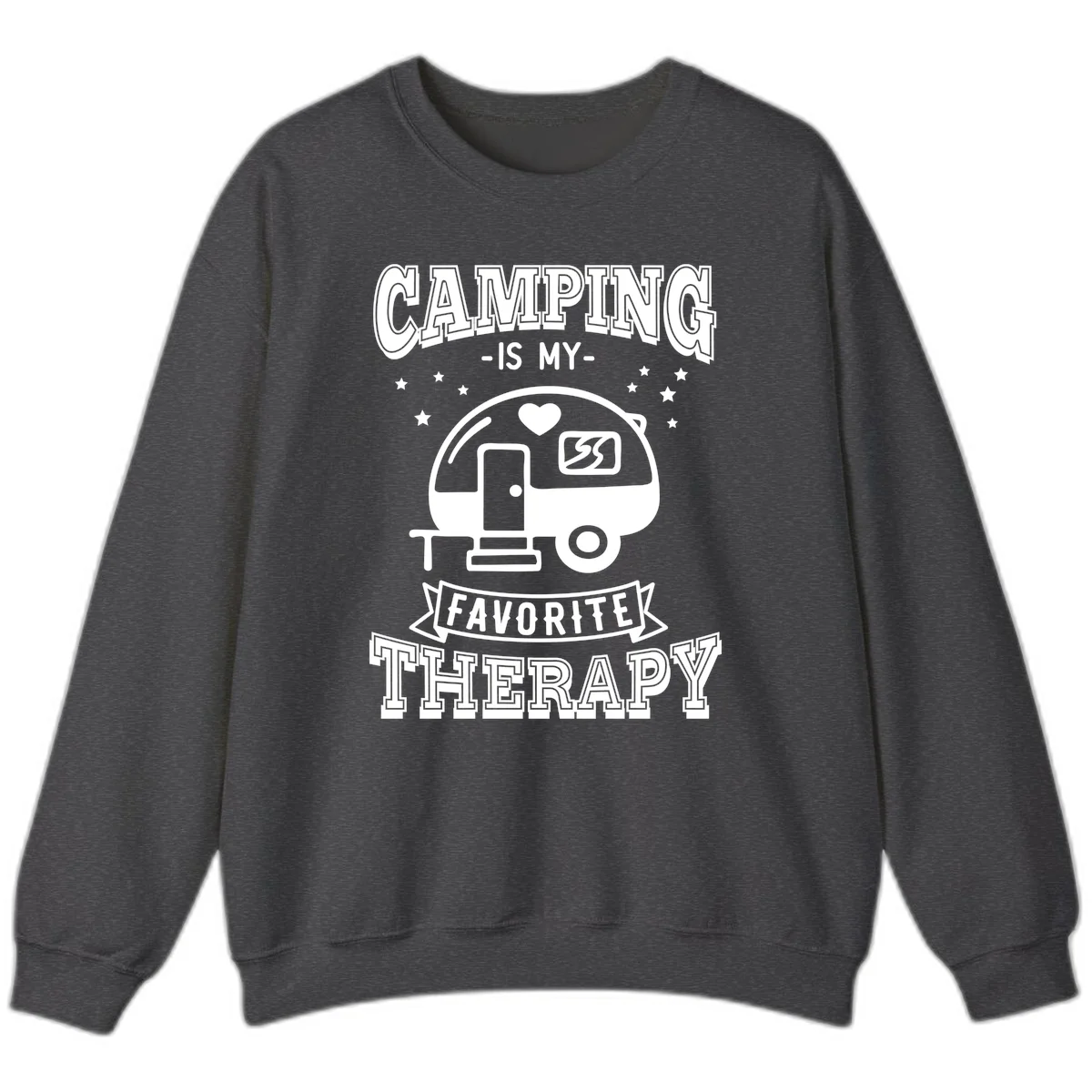Vintage-style camping therapy design with retro travel trailer, heart, stars, and text reading 'Camping Is My Favorite Therapy' in Dark Heather